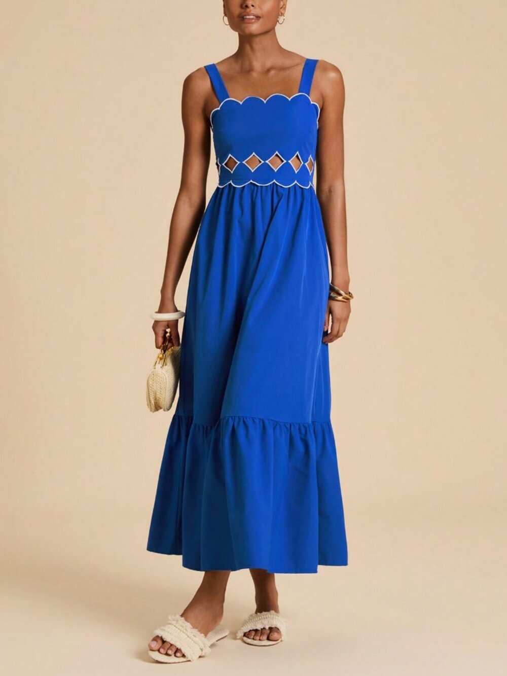 Blue Boho Women's Sleeveless Embroidered Waist Long Dress - Picture 5 of 7